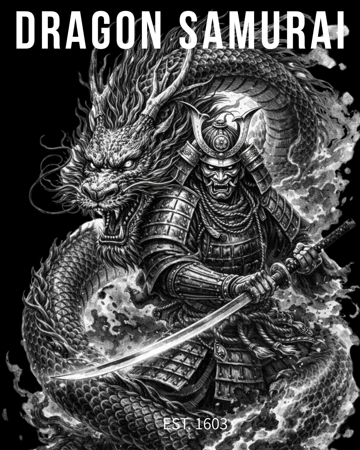 Japanese dragon blackwork tattoo illustration