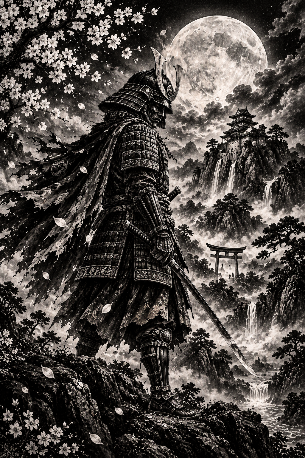 Black and white Japanese samurai wall art featuring an armored warrior beneath a full moon with cherry blossoms, mountains and a torii gate.