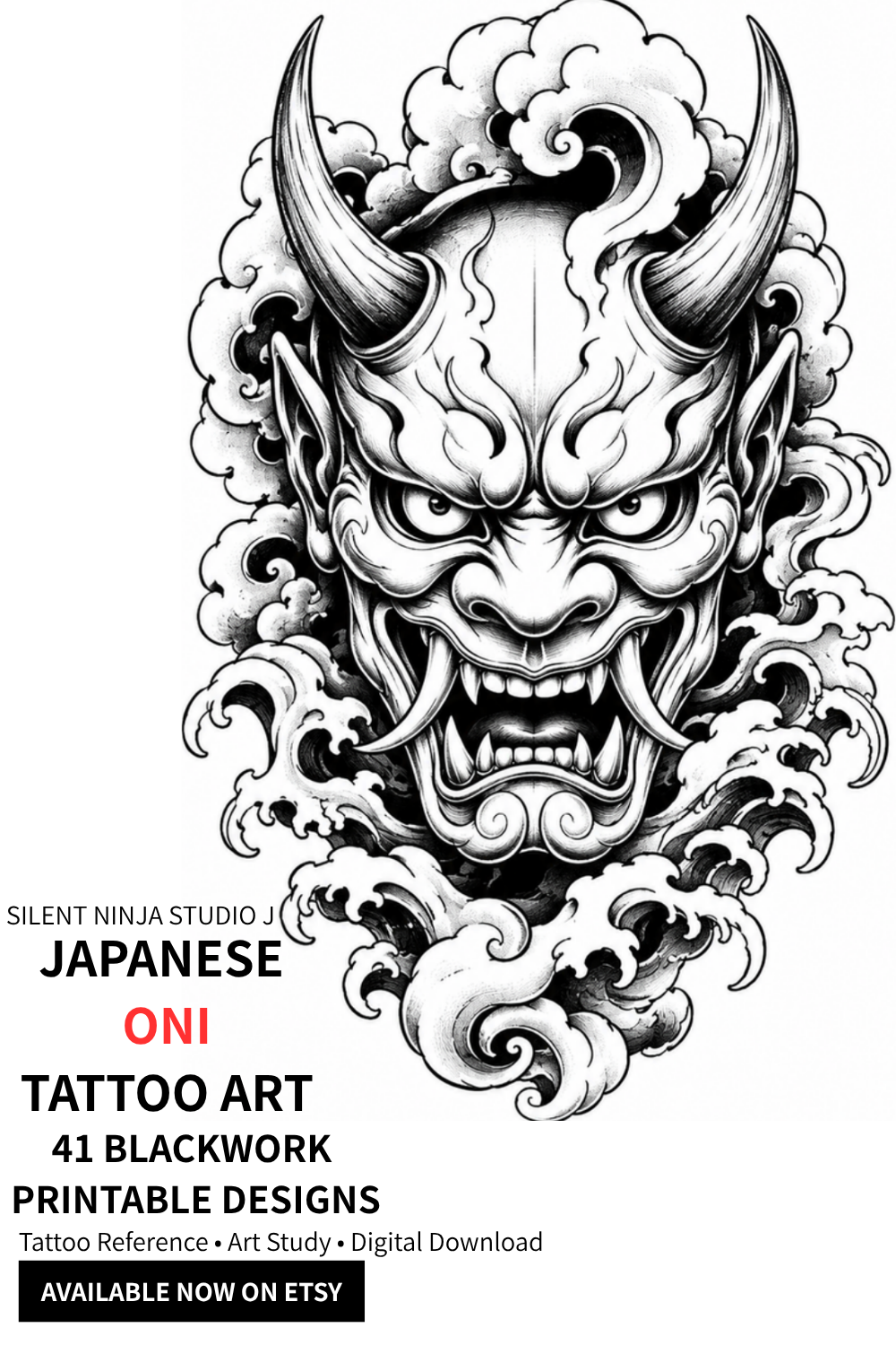 Japanese Oni tattoo art printable bundle with 41 blackwork designs
