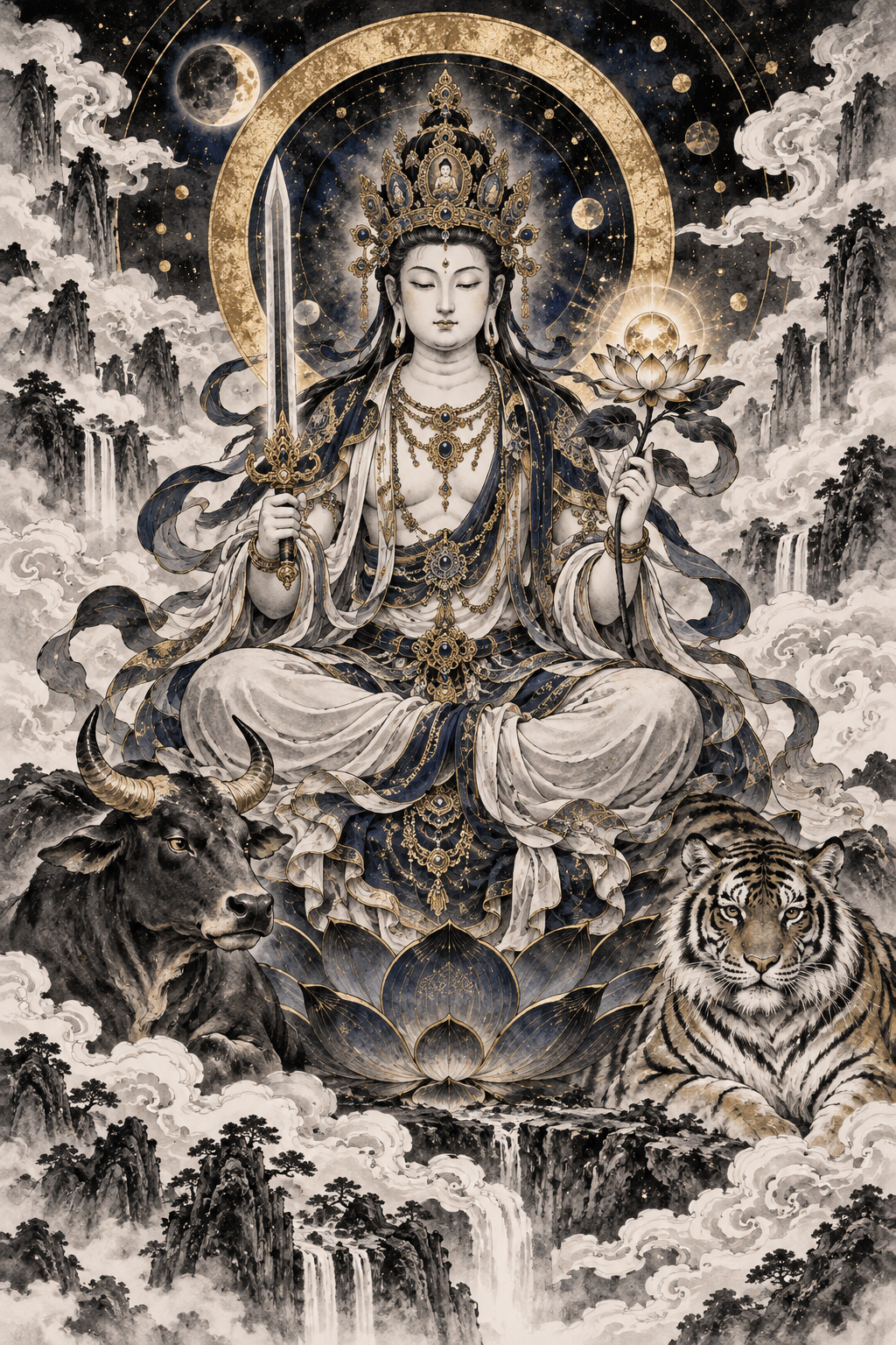 Kokuzo Bosatsu Japanese Buddhist zodiac guardian with Ox and Tiger
