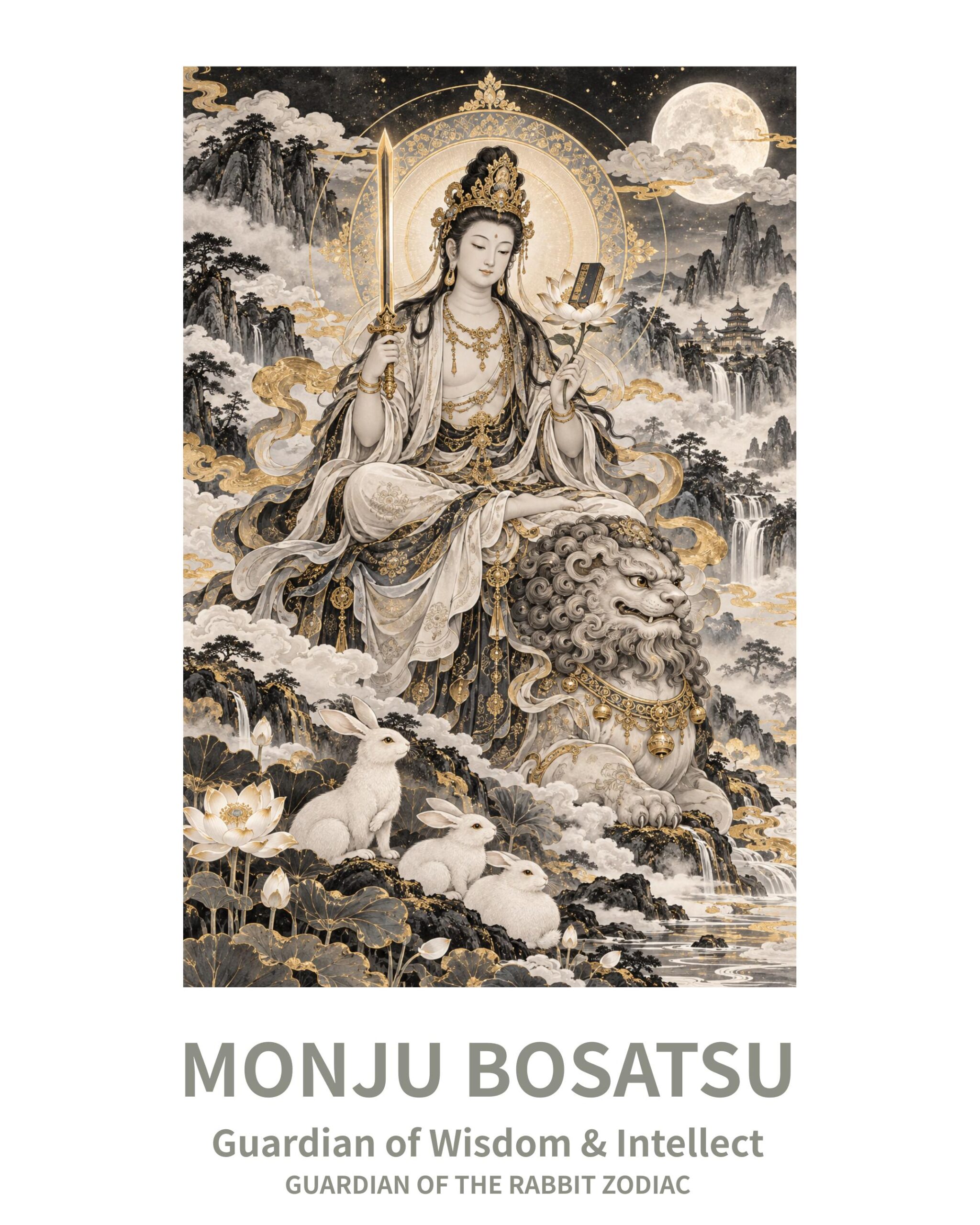 Monju Bosatsu printable wall art featuring the Japanese Rabbit zodiac guardian